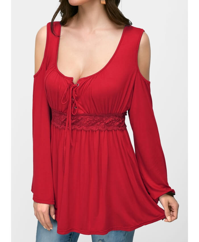 Lace Up Long Sleeve Cold Shoulder Burgundy Blouse